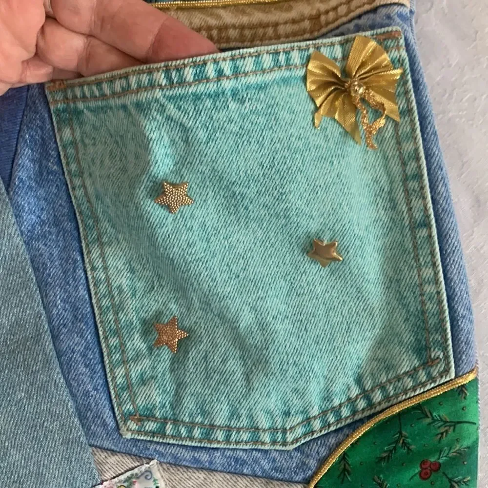Stocking Vintage Handcrafted Denim Cotton Christmas Bears Lined
